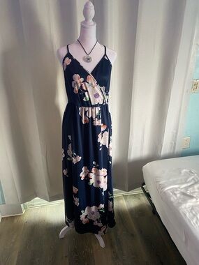 Floral Wrap Maxi Dress - Navy with Pink Floral